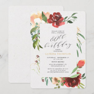 Blush Red Floral 80th Surprise Birthday Party Invitation