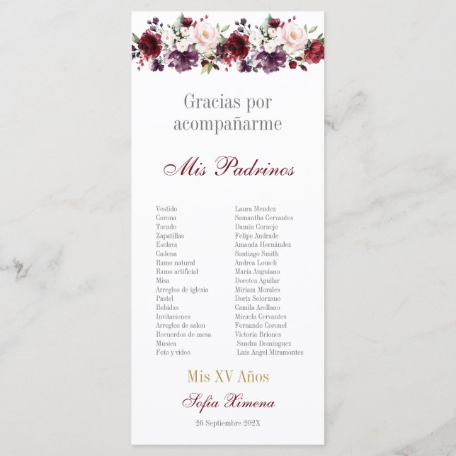Blush Red Floral Quinceañera Programme (Back)