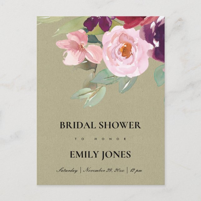 BLUSH RED MARSALA KRAFT ROSE FLORAL BRIDAL SHOWER INVITATION POSTCARD (Front)