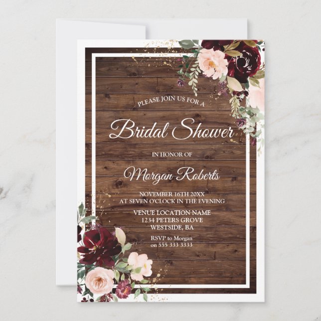 Blush & Red Wine Floral Rustic Bridal Shower Invitation (Front)
