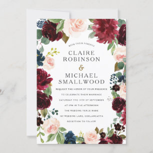 Blush & Red Wine Floral Wreath Wedding Invitation