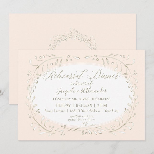 Blush Rehearsal Dinner Modern Leaf Leaves Wreath Invitation (Front/Back)