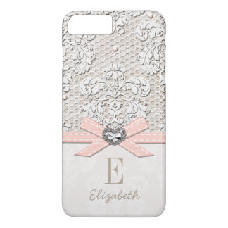 Blush Rhinestone Heart Look Printed Lace and Bow iPhone 8 Plus/7 Plus Case