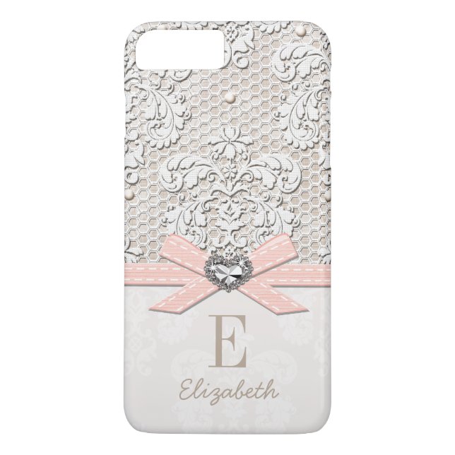 Blush Rhinestone Heart Look Printed Lace and Bow Case-Mate iPhone Case (Back)