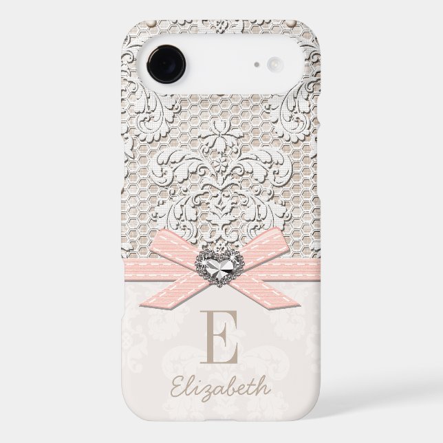Blush Rhinestone Heart Look Printed Lace and Bow Case-Mate iPhone Case (Back)