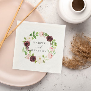 Blush Romance   Floral Wreath Wedding Napkin