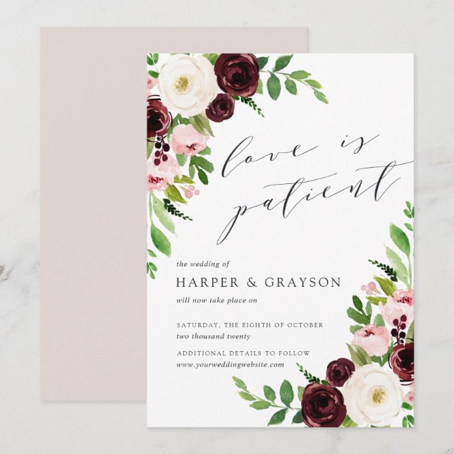 Blush Romance Love Is Patient Wedding Postponement Invitation (Front/Back)
