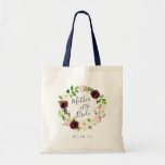 Blush Romance Mother of the Bride Tote Bag<br><div class="desc">A sweet and elegant gift for the mother of the bride, tote features a wreath of watercolor flowers and foliage in blush pink, burgundy marsala, ivory and green, with "mother of the bride" inscribed inside in hand lettered script. Personalise with your wedding date or the recipient's name beneath. Coordinates with...</div>