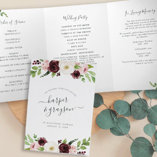 Blush Romance Watercolor Floral Wedding Ceremony Tri-Fold Programme