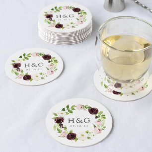 Blush Romance Wedding Monogram & Date Round Paper Coaster