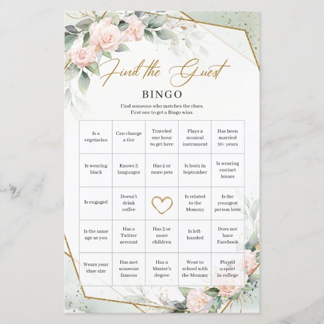 Blush romantic floral green Find The Guest Bingo (Front)