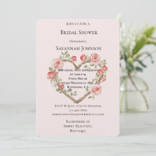 Blush Romantic Red Rose Floral Heart Bridal Shower Invitation