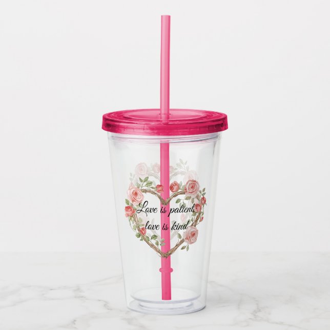 Blush Romantic Rose Floral Heart Love Acrylic Tumbler (Front)