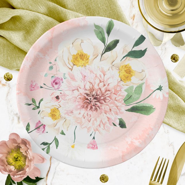 Blush Romantic Watercolor Floral Bridal Shower Paper Plate (Creator Uploaded)