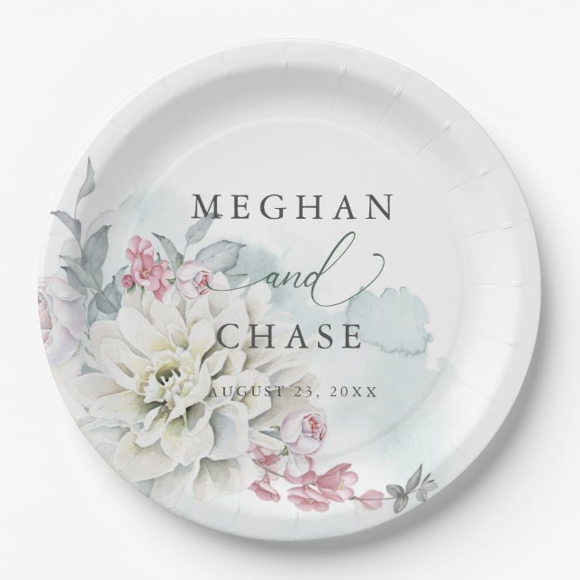 Blush Rose Alabaster Garden Floral Wedding Paper Plate (Front)