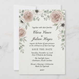 Blush Rose & Anemone Elegant Wedding Invitation