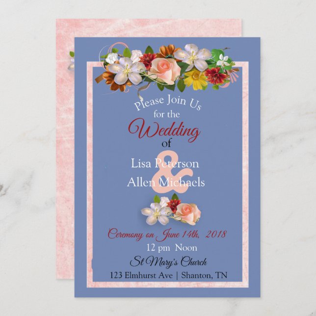 Blush Rose Burgundy Blue Floral Wedding Invitation (Front/Back)