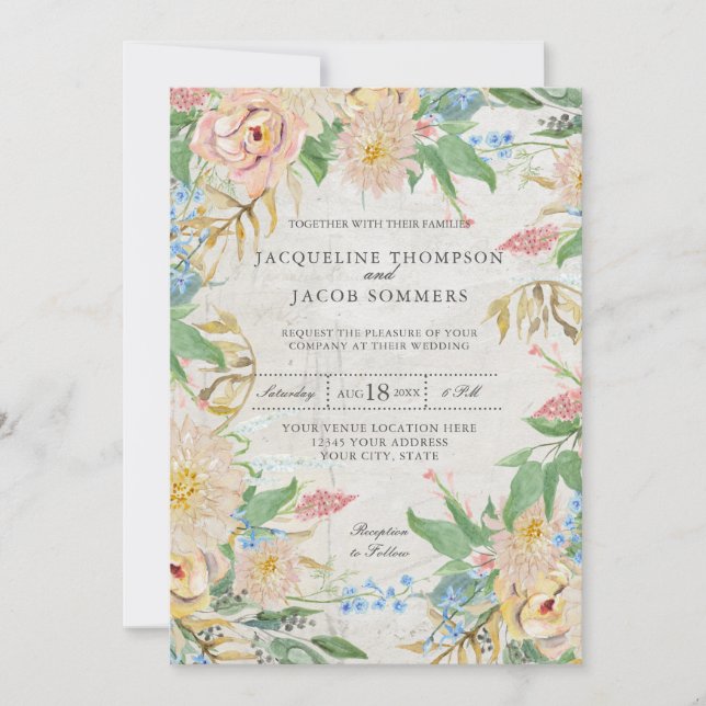 Blush Rose Chrysanthemum Floral Watercolor Art Invitation (Front)