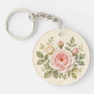 Blush Rose Cottage Garden Watercolor Key Ring