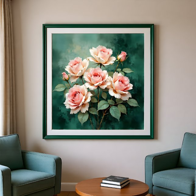 Blush Rose Elegance on Deep Jade Canvas Print (Creator Uploaded)