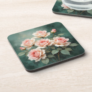 Blush Rose Elegance on Deep Jade Coaster