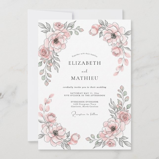 Blush Rose Elegant Floral Wedding Invitation (Front)