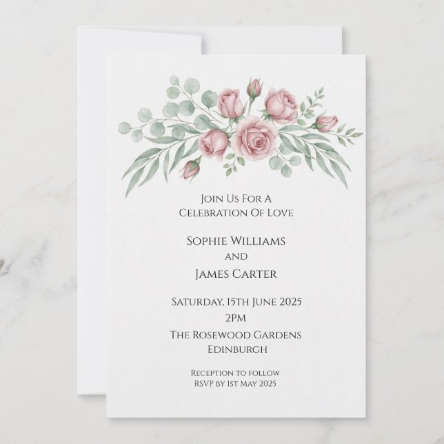 Blush Rose & Eucalyptus Bouquet Invitation (Front)
