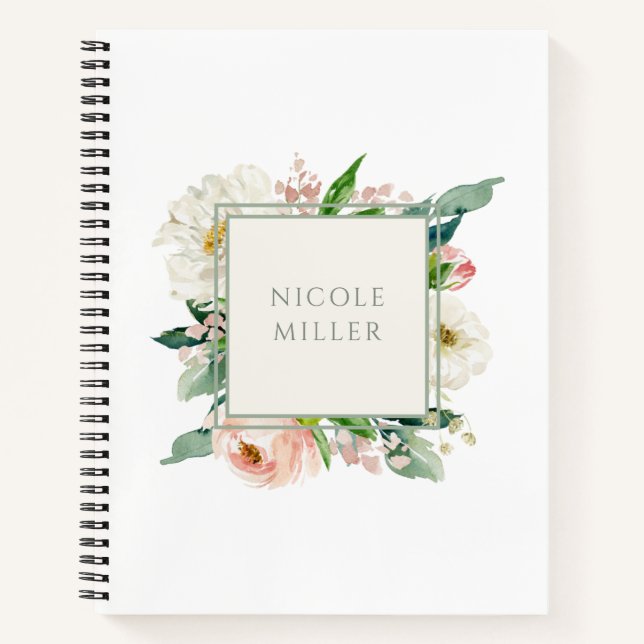 Blush Rose Feminine Watercolor Floral with Name Notebook (Front)
