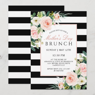 Blush Rose Floral and Stripes Mother's Day Brunch Invitation