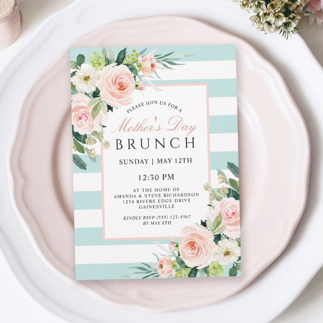 Blush Rose Floral and Stripes Mother's Day Brunch Invitation (Available in both printed and instant download digital formats.)