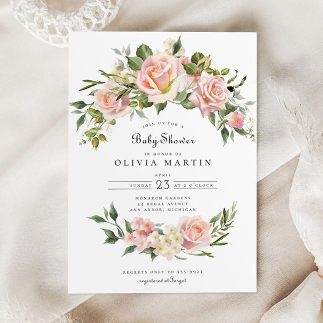 Blush Rose Floral Arch Pink Baby Shower Invitation (Creator Uploaded)