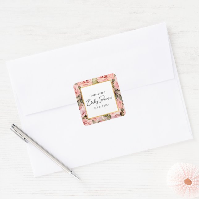 Blush Rose Floral Baby Shower Square Sticker (Envelope)