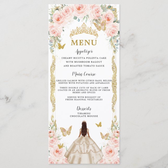 Blush Rose Floral Champagne Dress Quinceañera Menu (Front)