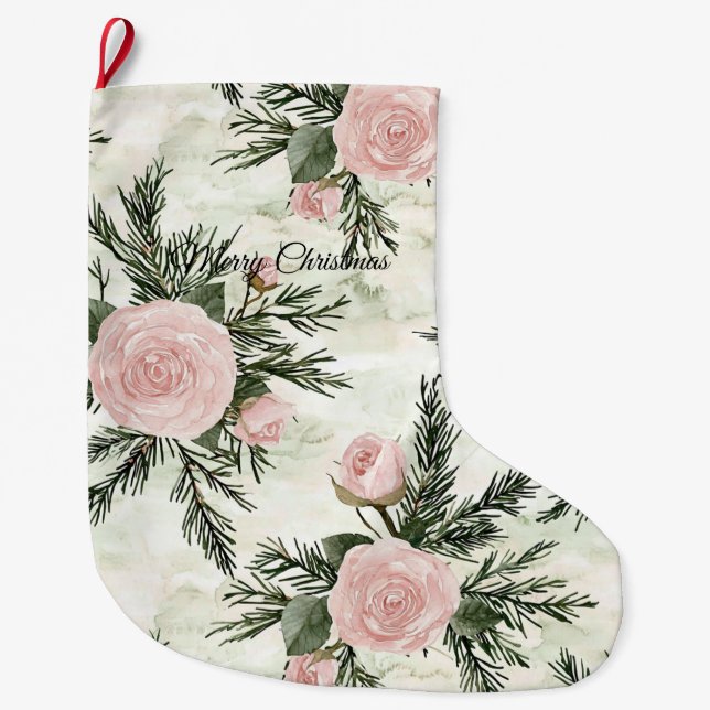 Blush Rose Floral Christmas Large Christmas Stocking (Front)