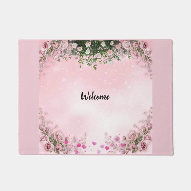 Blush Rose Floral Entry Way Welcome Door Mat (Front)