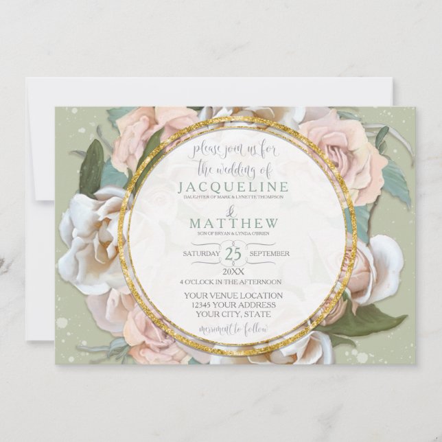 Blush Rose Floral Gold Modern Leaf Wreath Pretty Invitation (Front)