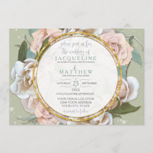 Blush Rose Floral Gold Modern Leaf Wreath Pretty Invitation