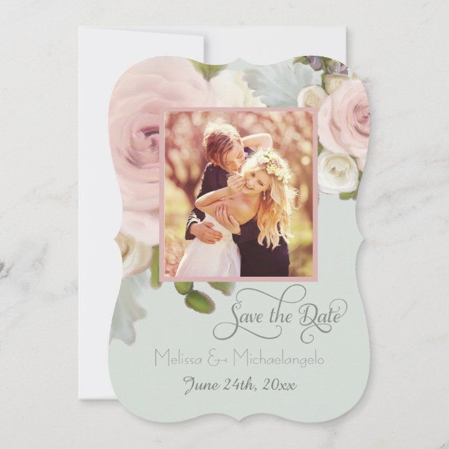 Blush Rose Floral Succulent Photo Save the Date Invitation (Back)