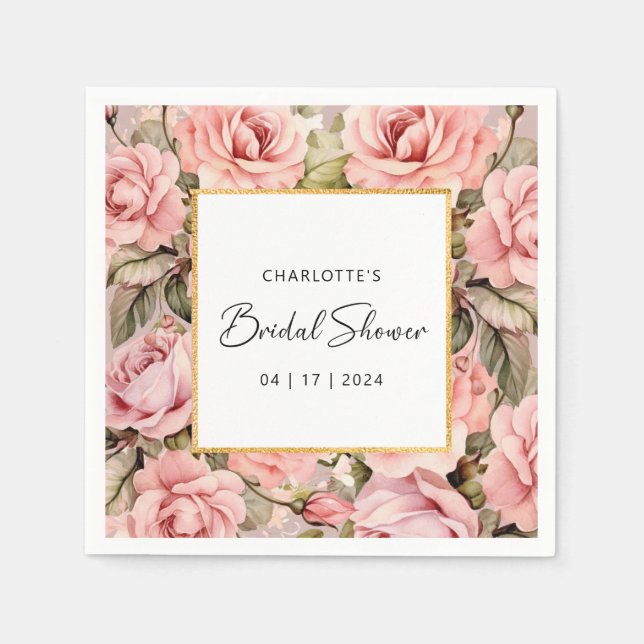 Blush Rose Floral Watercolor Bridal Shower Napkin (Front)