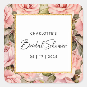Blush Rose Floral Watercolor Bridal Shower Square Sticker
