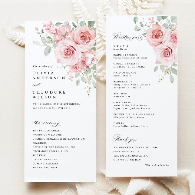 Blush Rose Floral Wedding Ceremony Programme (Blush Rose Floral Wedding Program, Watercolor Blush Pink Floral  Ceremony Program)