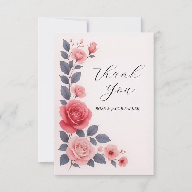 Blush Rose Floral Wedding Flat Thank You Card (Front)