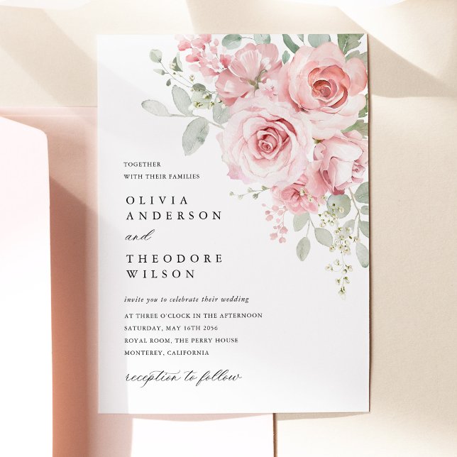 Blush Rose Floral Wedding Invitation (Blush Rose Floral Wedding Invitation, Watercolor Blush Pink Rose Wedding Invite)