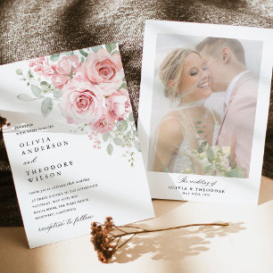 Blush Rose Floral Wedding Photo Back Invitation
