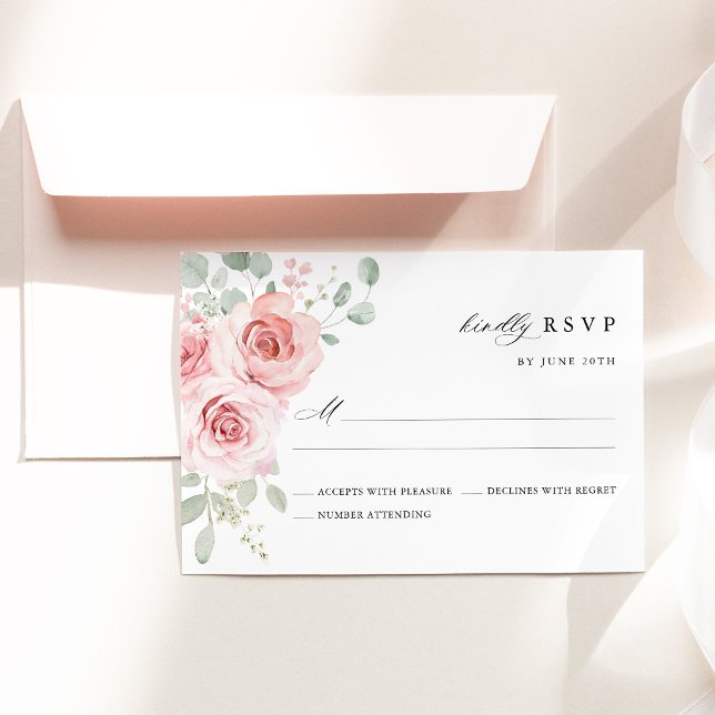 Blush Rose Floral Wedding RSVP Card (Blush Rose Floral Wedding RSVP Card, Watercolor Blush Pink Rose Response Card)