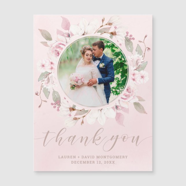 Blush Rose Floral Wreath Wedding Photo Thank You (Front)