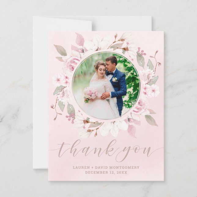 Blush Rose Floral Wreath Wedding Photo Thank You Card (Front)