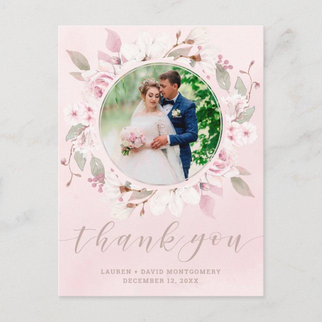 Blush Rose Floral Wreath Wedding Photo Thank You Postcard (Front)