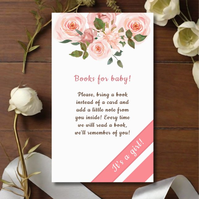 Blush Rose Flower Baby Shower books For Baby Enclosure Card (Creator Uploaded)