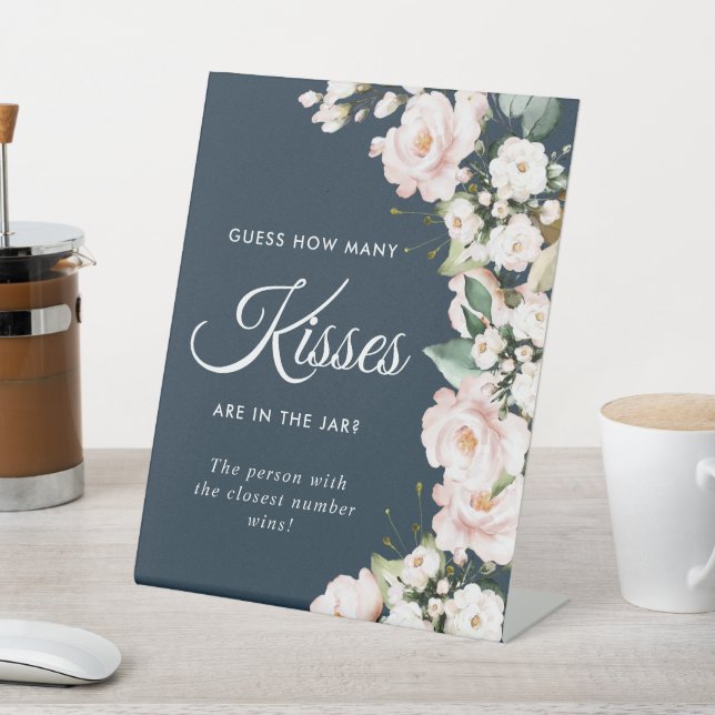 Blush Rose Flowers & Navy How Many Kisses Sign (In SItu)